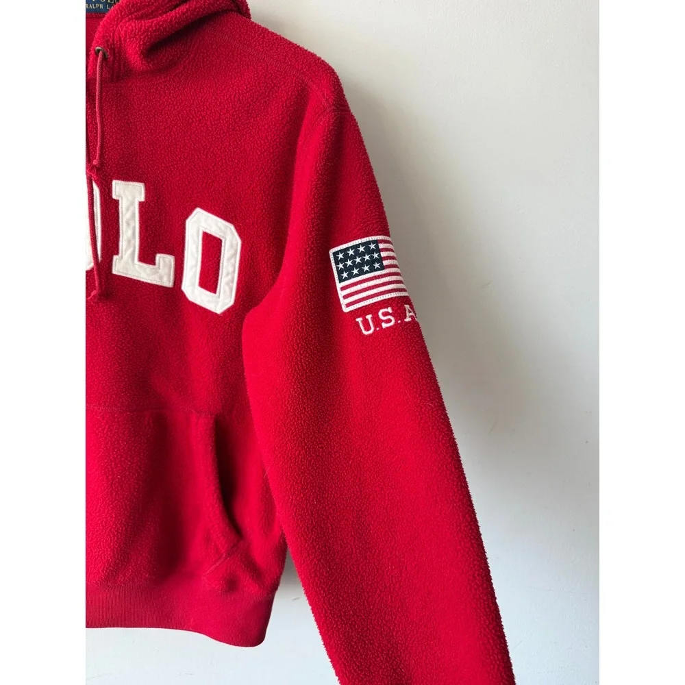 Polo Ralph Lauren Red Fleece Hoodie USA Flag Patch Sweatshirt Small